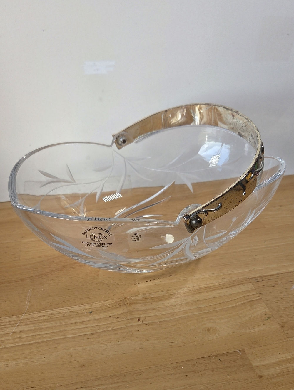Lenox Etched Crystal Serving Bowl with Silver Handle Tarnish Metal